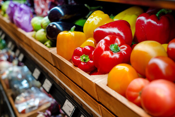 Supermarket vegetables. Fresh vegetables and fruits on supermarket shelves.
