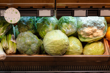 Supermarket vegetables. Fresh vegetables and fruits on supermarket shelves.