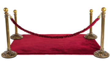Red carpet with stanchions and velvet ropes isolated on transparent background. Red carpet with gold poles and rope isolated on white background.