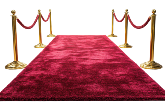 Red carpet with stanchions and velvet ropes isolated on transparent background. Red carpet with gold poles and rope isolated on white background.