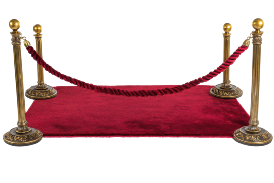 Red carpet with stanchions and velvet ropes isolated on transparent background. Red carpet with gold poles and rope isolated on white background.