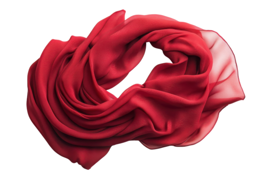 Vibrant red silk fabric isolated on transparent background. Red scarf isolated on white background.
