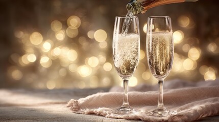Two champagne flutes filled with sparkling wine. Bokeh lights create a festive atmosphere. Perfect for celebrations and special occasions.