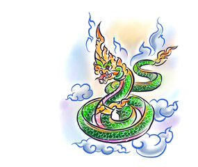 Asian dragon with clouds digital art for card decoration illustration