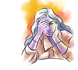 abstract of a woman is covering her forehead with her hand digital art for card decoration illustration