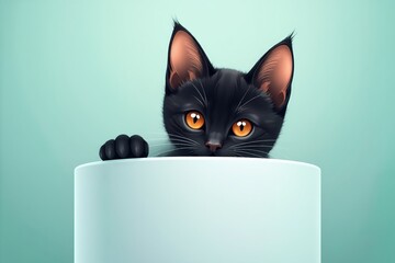 A sleek black kitten with glowing amber eyes peeks over a minimalist white pedestal against a soft mint-green background, exuding curiosity and charm.