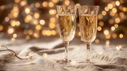 Two elegant champagne glasses filled with sparkling drink. Soft bokeh lights create a festive atmosphere. Perfect for celebrations and special occasions.