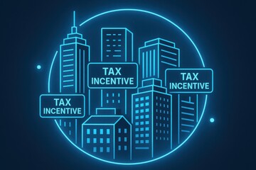 Fototapeta premium Neon Urban Skyline Illustration Featuring Tax Incentive Concept in Futuristic Design