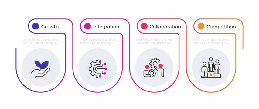 Business teambuilding infographic gradient line circles. Development of every coworker. Success strategy. Editable thin line icons diagram process with 4 steps. Montserrat-SemiBold, Regular fonts used