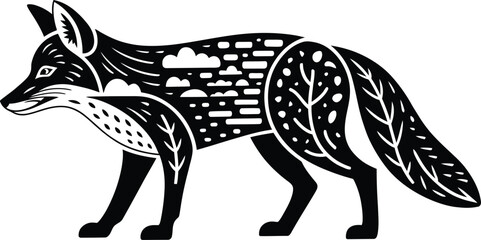 Fox Silhouette with Clouds and Leaves - Nature Design Illustration