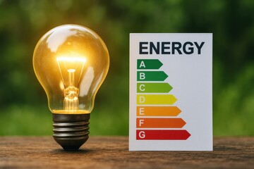 Light Bulb and Colorful Energy Efficiency Scale with Green Background for Sustainability and Electricity Concepts