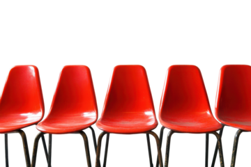 Row of red mid century modern chairs isolated on transparent background. Row of red chairs on white background.