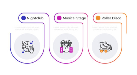 Entertainment performance infographic gradient line circles. Nightclub, musical stage and roller disco. Editable thin line icons diagram process with 3 steps. Montserrat-SemiBold, Regular fonts used