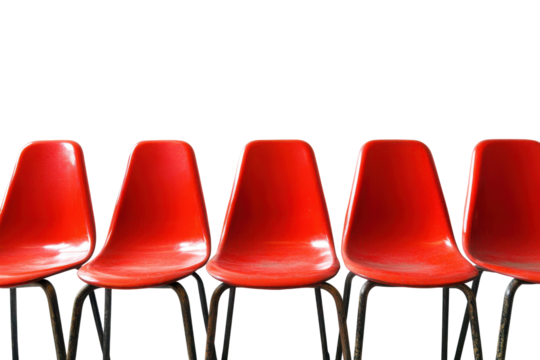 Row of red mid century modern chairs isolated on transparent background. Row of red chairs on white background.