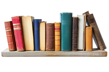 Collection of antique leather bound books standing upright on a transparent background isolated on transparent background. Shelf full of books isolated on white background.