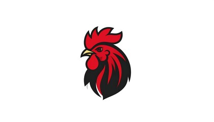 Bold, stylized rooster head with a red comb and dark feathers, isolated on white. Sharp features and simple design