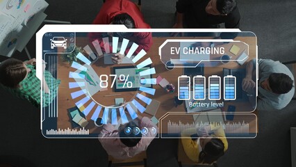 A vibrant office scene showcasing a diverse team collaborating around a table, with electric vehicle charging data displayed on a screen, emphasizing innovation and sustainability. Raster
