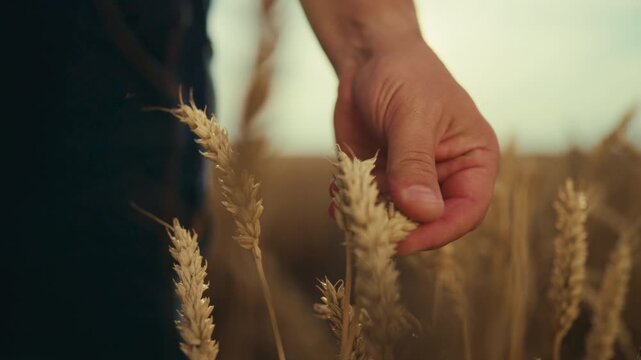 Organic farming, growing cereals in ecological region, man stroking rye spikelet . Agronomy and agriculture, calm rural scenery, close up view, farming lifestyle, food supply from ecological region
