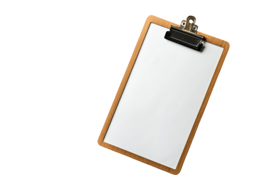 Blank clipboard with clip isolated on transparent background. White board with a black clip isolated on white background.