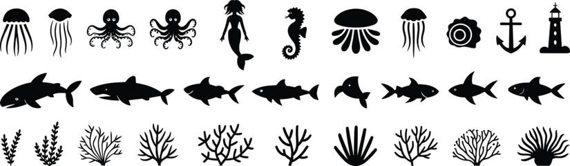 Underwater sea life vector illustration, marine animal silhouettes with fish, jellyfish, octopus, mermaid, coral, seahorse, anchor, and lighthouse, ocean ecosystem design
