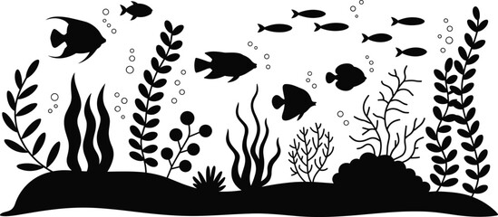 Naklejka premium Underwater ocean life silhouette vector illustration, tropical fish swimming in coral reef with seaweed plants and bubbles, marine nature and aquarium design