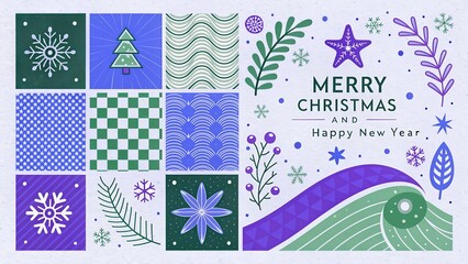 Merry Christmas and Happy New Year Set of greeting cards, posters, holiday covers, backgrounds. Design templates with typography, season wishes in modern minimalist style for web, social media, print