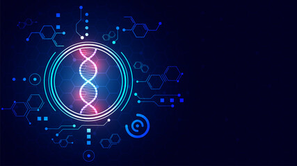 Abstract Digital Network Background with Glowing DNA and Hexagon Structure.