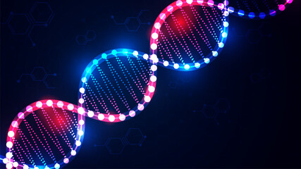 Abstract Digital Network Background with Glowing DNA and Hexagon Structure.