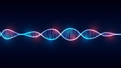 Abstract Digital Network Background with Glowing DNA and Hexagon Structure.