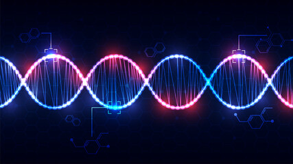 Abstract Digital Network Background with Glowing DNA and Hexagon Structure.