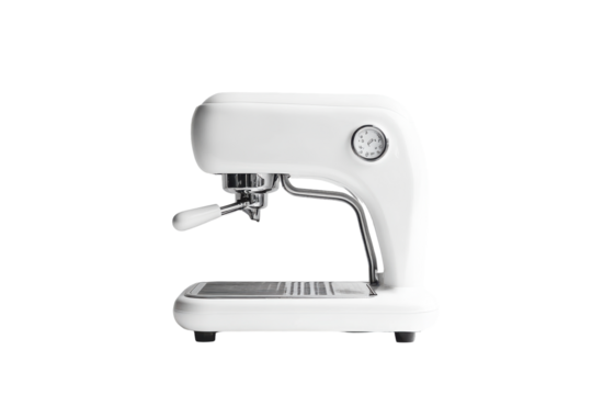 Modern white espresso machine isolated on transparent background. White espresso machine on white background.