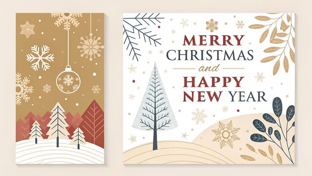 Merry Christmas and Happy New Year Set of greeting cards, posters, holiday covers, backgrounds. Design templates with typography, season wishes in modern minimalist style for web, social media, print