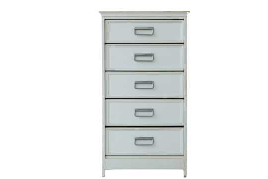 White drawer filing cabinet isolated on transparent background. White file cabinet with drawers isolated on white background.