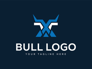 Blue and white abstract bull head logo with text on dark blue background animal