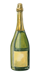 Watercolor illustration of a champagne bottle on transparent background.