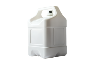 White plastic jerry can with handle isolated on transparent background. Blank disposable plastic jerry can isolated on white background.