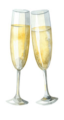 Watercolor illustration of two champagne glasses on transparent background.