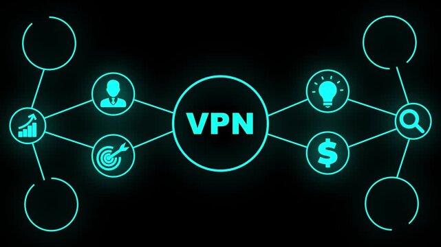 Digital network diagram with VPN at center and connected icons.
