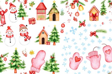 Fototapeta premium A cheerful Christmas-themed illustration featuring snowmen, decorated trees, candy canes, bells, mittens with hearts, a tiny house, and festive ornamentsall set against a snowy backdrop with blue snow