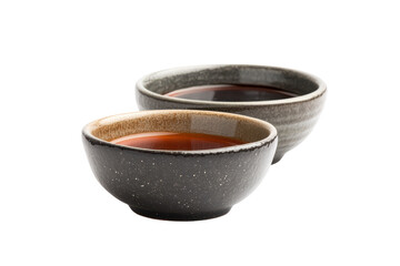 Small ceramic bowls filled with dipping sauces isolated on transparent background. Bowls with sauces isolated on white background.