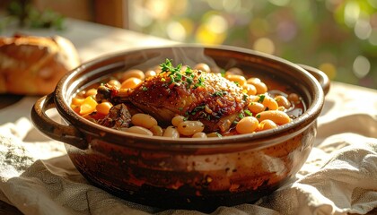 Steaming Duck Confit And White Beans In A Rustic Brown Ceramic Dish With A Loaf Of Bread And A Light Linen Napkin On A Wooden Table With Soft Bokeh Background Lighting