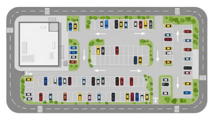 Detailed aerial view of a vibrant parking lot filled with various vehicles and greenery © Stock Image Paradise