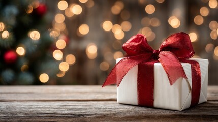 A beautifully wrapped white gift box with a red ribbon sits on a wooden table. Soft, blurred Christmas lights create a festive background.