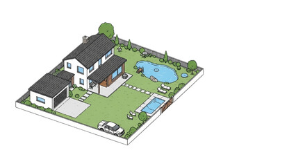 Isometric illustration of a modern house with a garden, pool, and garage on a white backdrop