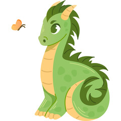 Cute Cartoon Green Dragon Sitting With A Small Orange Butterfly Flying Near Its Head On A Transparent Background With Gentle Lighting