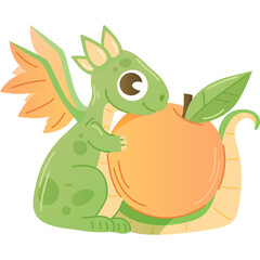 Cute Cartoon Green Dragon Hugging a Large Peach with Orange Wings and Yellow Accents Against a Transparent Background