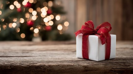 A white gift box with a red ribbon sits on a wooden table. In the background, a Christmas tree is decorated with lights and ornaments.