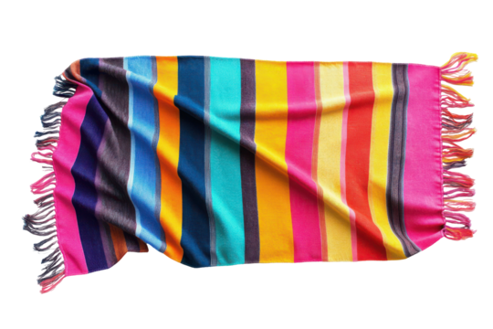 Colorful striped fabric draped and folded isolated on transparent background. Colorful beach towel with sharp clear stripes isolated on white background.