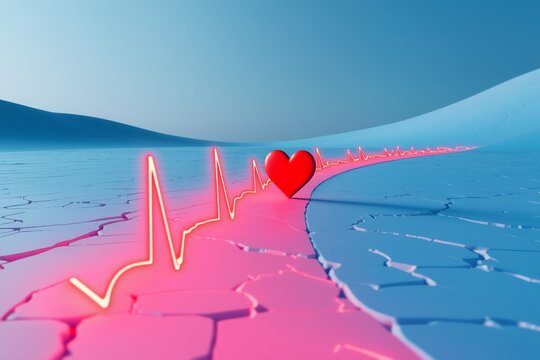 A lone figure walks across a cracked, glowing blue desert toward a radiant red heart-shaped ECG linesymbolizing loves pulse through broken terrain. - Powered by Adobe