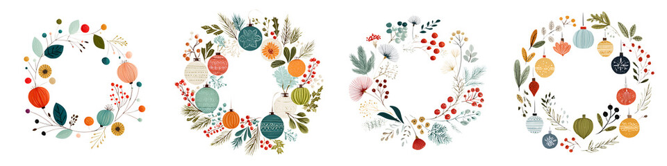 Festive Christmas Wreaths: Colorful Ornaments and Foliage, Flat Design